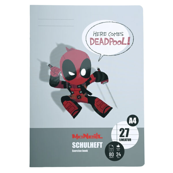 McNeill Schulheft DIN A4 mit Deadpool-Motiv, Lineatur 27, tintenfestes FSC®-Papier und robuster, glänzender Umschlag – perfekt für Schule & Fans