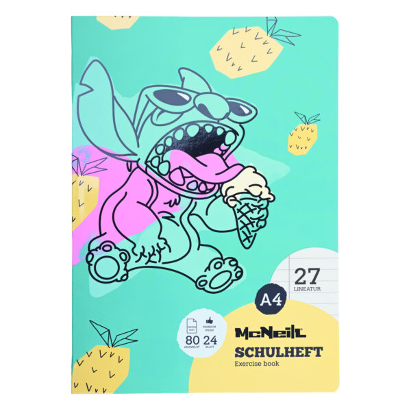 McNeill Schulheft DIN A4 mit Stitch-Motiv, Lineatur 27, tintenfestes FSC®-Papier und glänzender Umschlag – perfekt für Schule & Lilo-und-Stitch-Fans