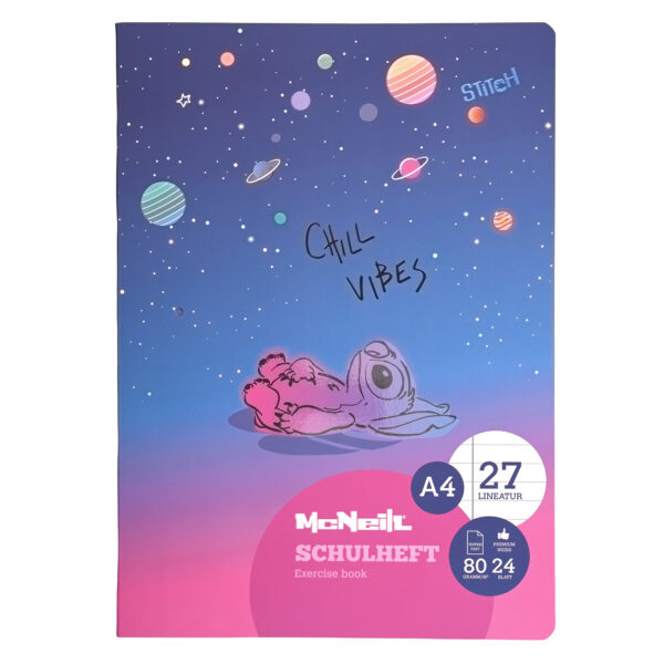 McNeill Schulheft DIN A4 mit Stitch-Motiv, Lineatur 27, tintenfestes FSC®-Papier und glänzender Umschlag – perfekt für Schule & Lilo-und-Stitch-Fans