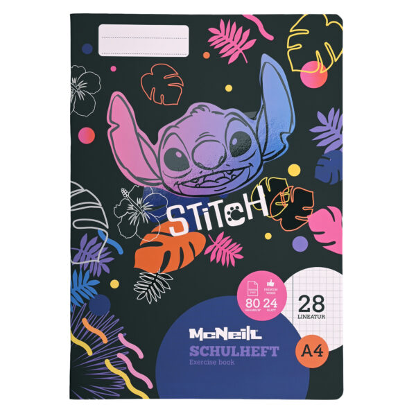 McNeill Schulheft DIN A4 mit Stitch-Motiv, Lineatur 28, tintenfestes FSC®-Papier und glänzender Umschlag – perfekt für Schule & Lilo-und-Stitch-Fans
