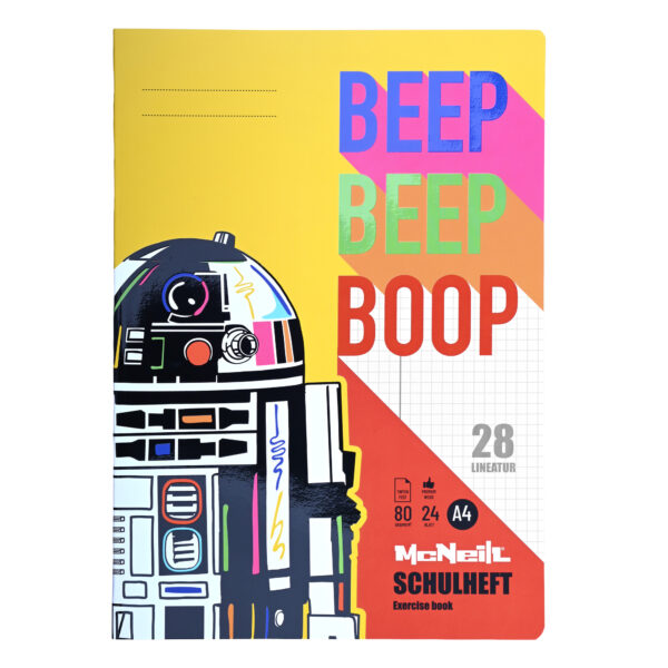 McNeill Schulheft DIN A4 mit R2-D2 Starwars-Motiv, Lineatur 28, tintenfestes FSC®-Papier und glänzender Umschlag – perfekt für Schule & Lilo-und-Stitch-Fans