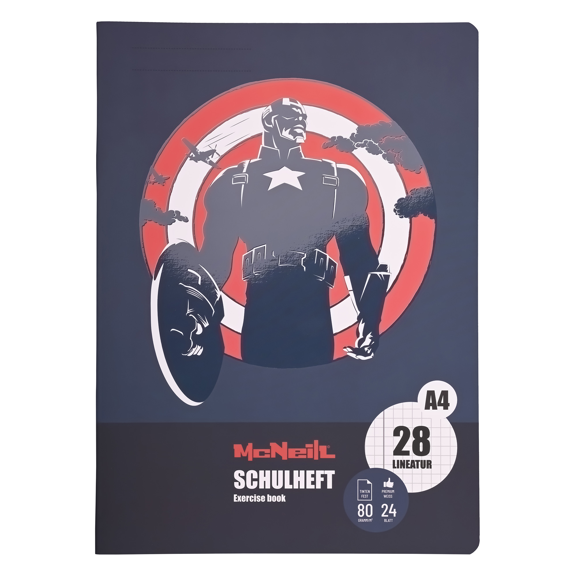 McNeill Schulheft DIN A4 mit Captain-America-Motiv, Lineatur 27, tintenfestes FSC®-Papier und glänzender Umschlag – perfekt für Schule & Superhelden-Fans