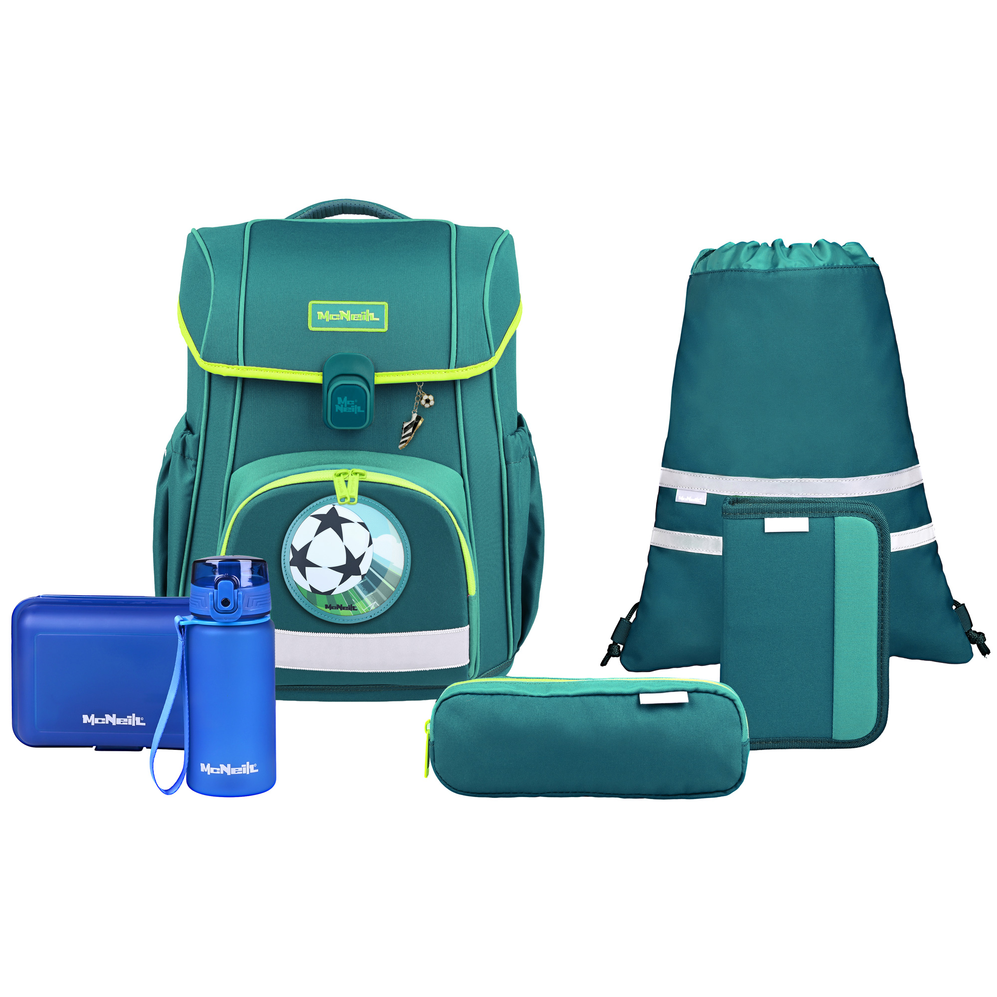 McNeill Bravo Petrol Schulranzen Jungen – 9-teiliges Set mit Brotdose, Trinkflasche & zwei McAddys – Bild 2